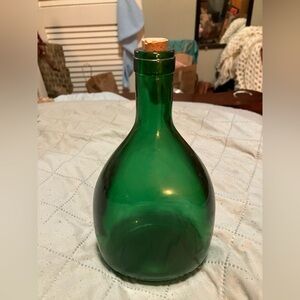 Vintage Collectible Green Glass Gooseneck Bottle with Cork From Portugal